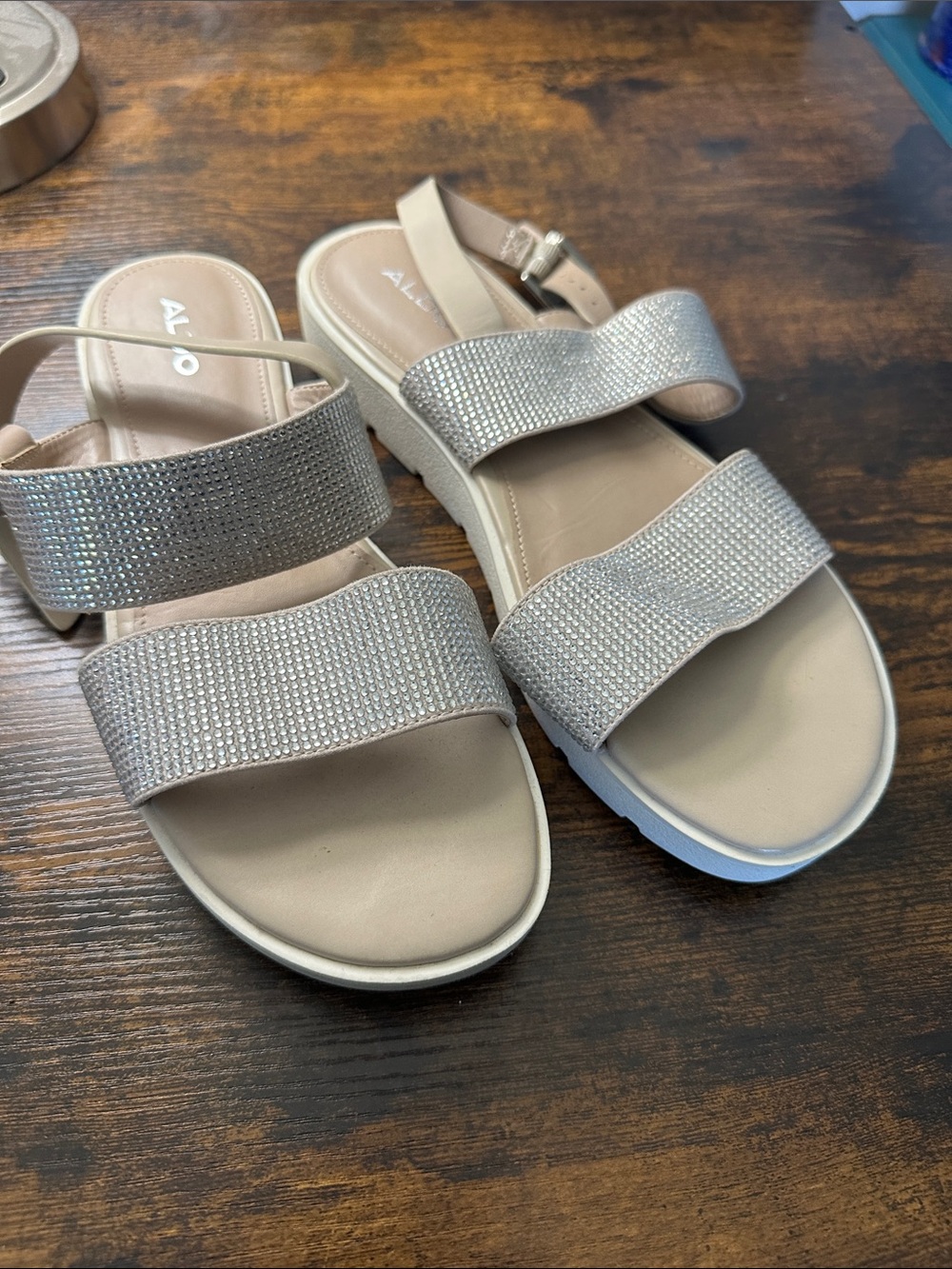 Aldo Beige Rhinestone Double-Strap Slingback Sandals